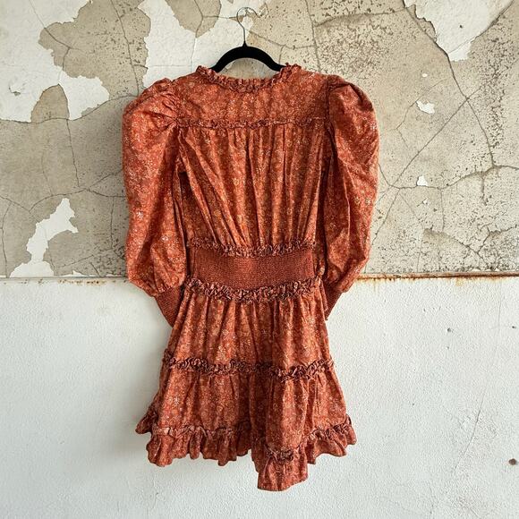 House of Harlow Rust Floral Romper Puff Sleeve Ruffle Cottagecore Fall Size S - Picture 8 of 11
